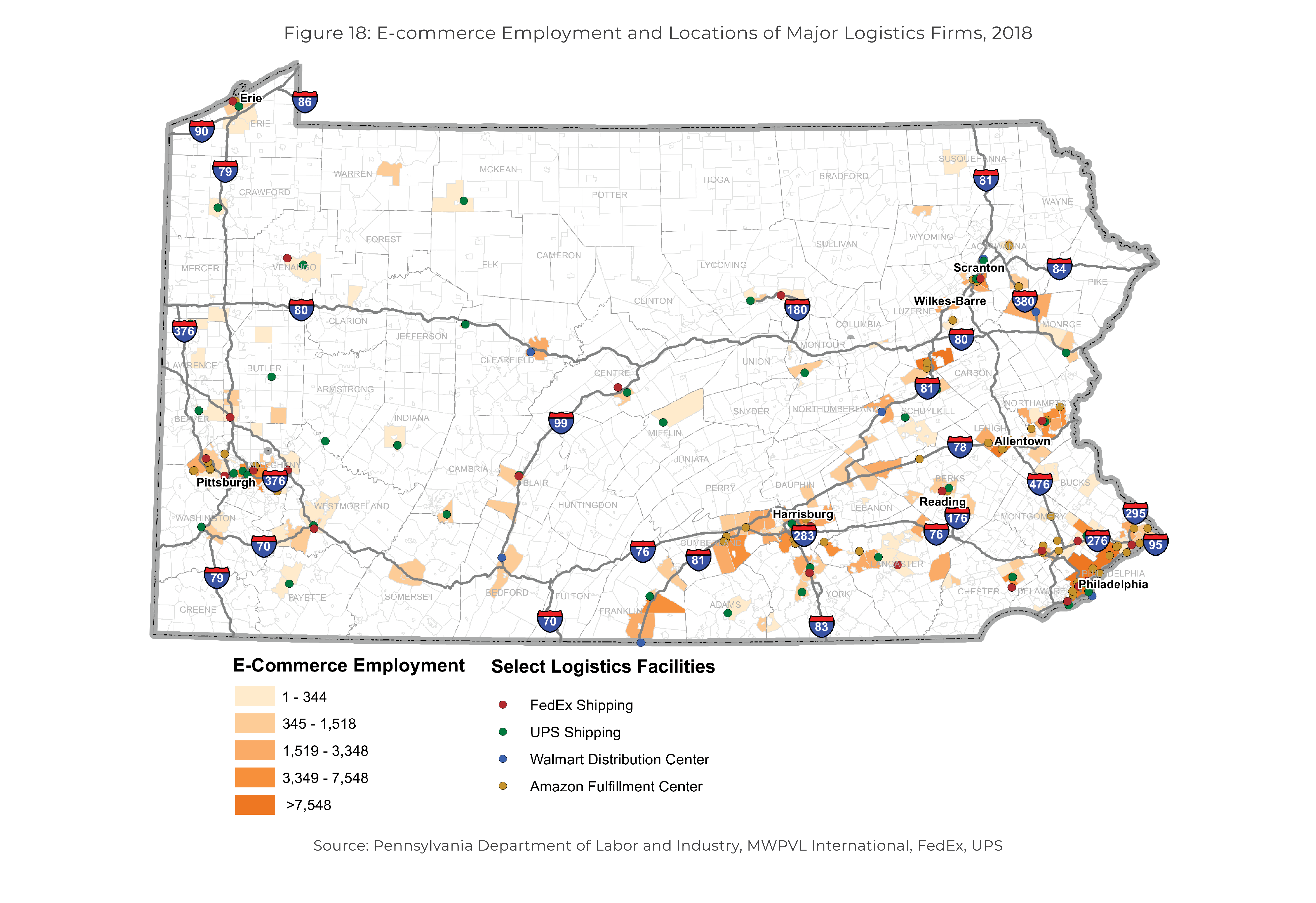 Figure 18 is a Pennsylvania state map illustrating e-commerce employment by municipality and the location of select logistics facilities, including FedEx Shipping, UPS Shipping, Walmart Distribution, and Amazon Fulfillment.